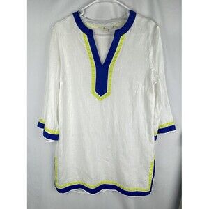 Boden Tunic Top‎ Womens 8 Neck Detail Kaftan 100% Linen White Navy Yellow *READ